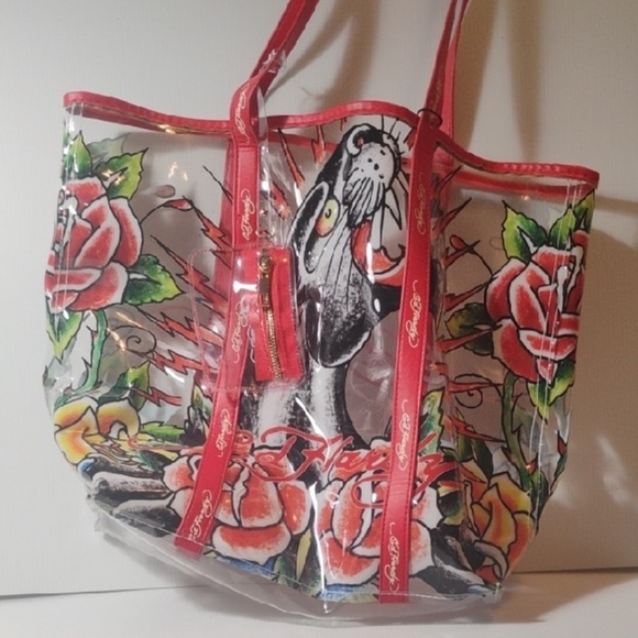Ed Hardy Clear Tote with Red Floral Design - Picture 2 of 3